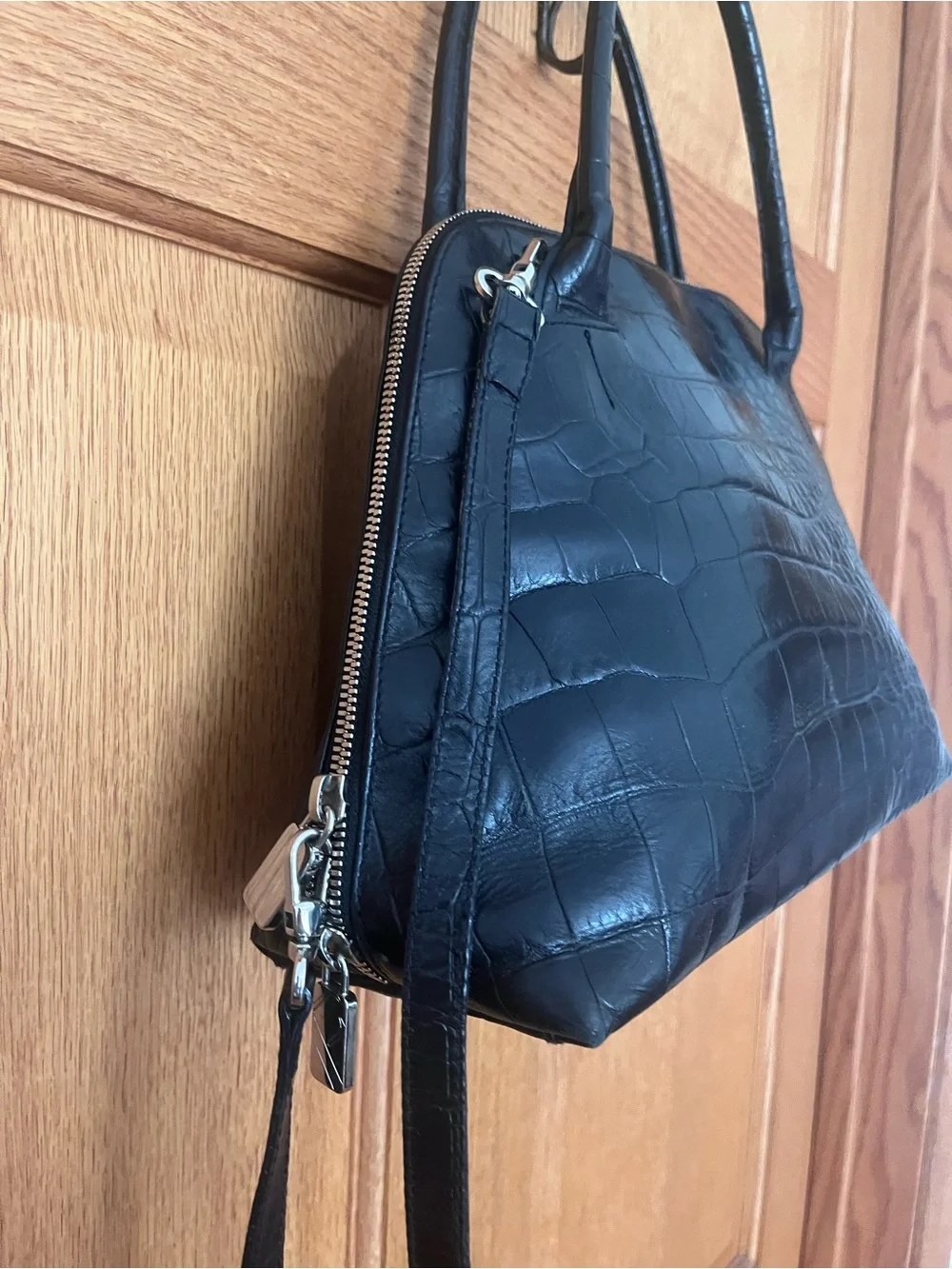 Vintage Furla Black Croc-Embossed Top-Handle Women's Bag